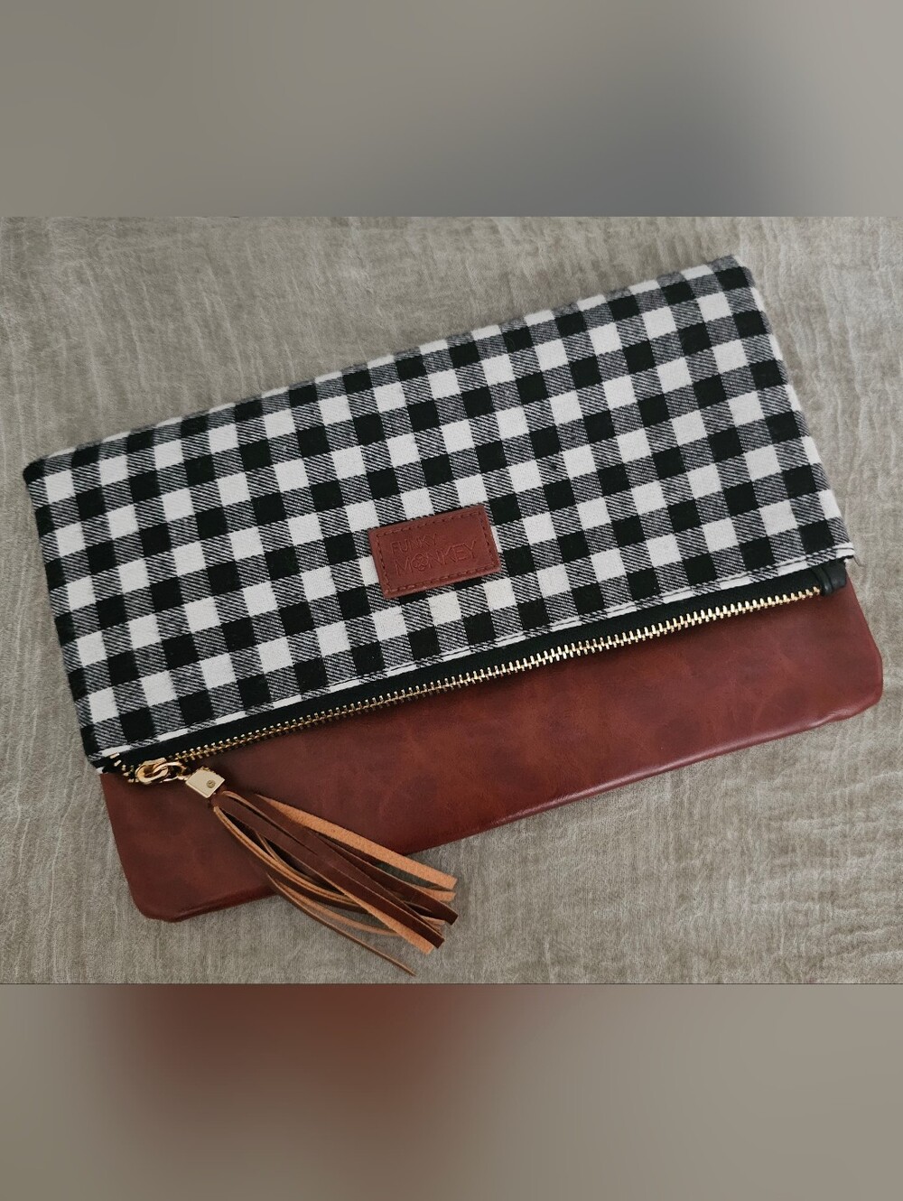 Flying Monkey Black & White Gingham Foldover Clutch with Brown Leather Trim